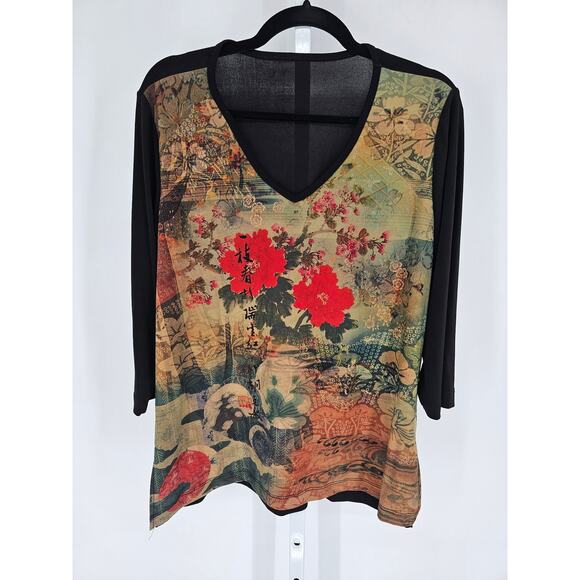 vintage CSC studio black and brown floral printed V-neck top with 3/4 sleeves XL - Picture 1 of 3